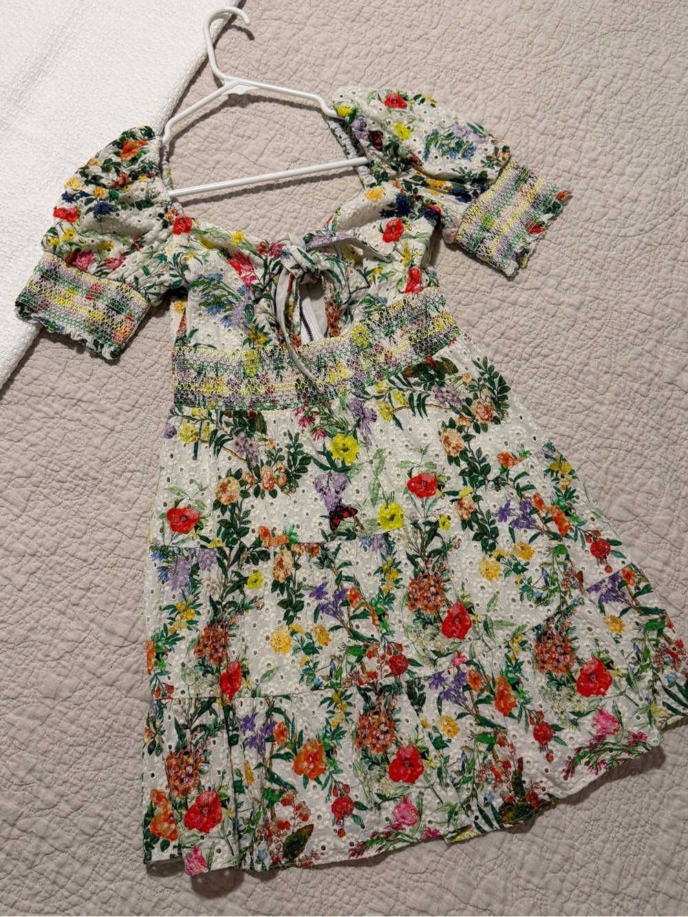 Alice + Olivia White Floral Eyelet Mini Dress with Puff Sleeves